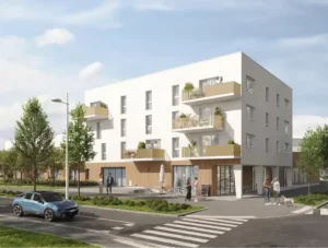 Vue extérieure moderne de la résidence senior Domani à Épron, un habitat partagé offrant confort et convivialité aux seniors.