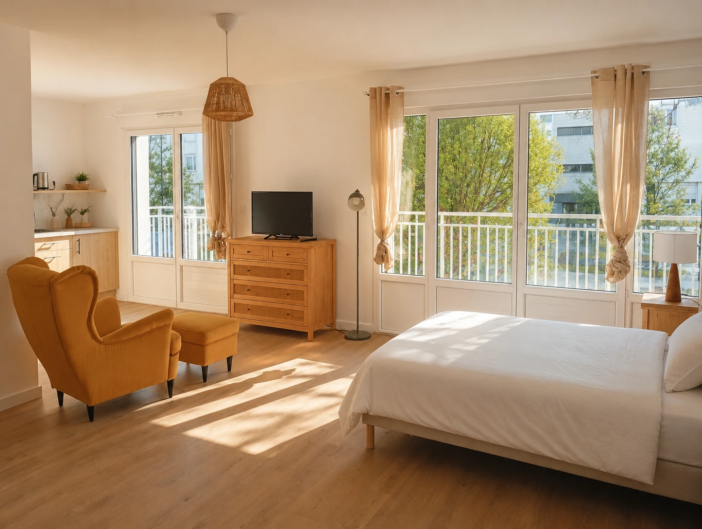 Une chambre moderne et confortable dans l'habitat senior Domani à Villenave d'Ornon, offrant un accompagnement 7j/7 pour les résidents.
