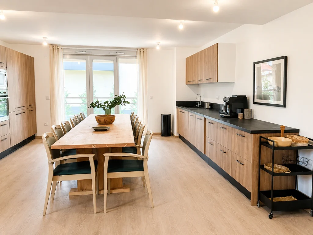 Salle à manger et cuisine partagée de la résidence senior Domani à Albi, aménagées pour les repas et les moments de convivialité des habitants.