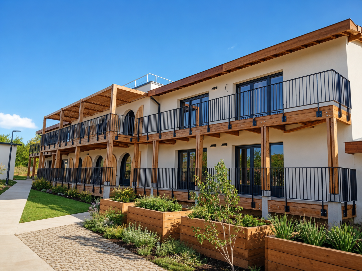 Résieence senior Domani avec balcons en bois, jardins paysagers et logements adaptés aux personnes âgées.