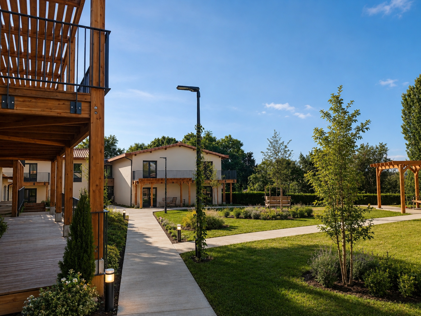 Résidence senior Domani avec balcons en bois, jardins paysagers et logements adaptés aux personnes âgées.